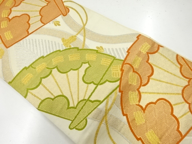 JAPANESE KIMONO / ANTIQUE FUKURO OBI / SILK / WOVEN TATEWAKU & FOLDING FAN